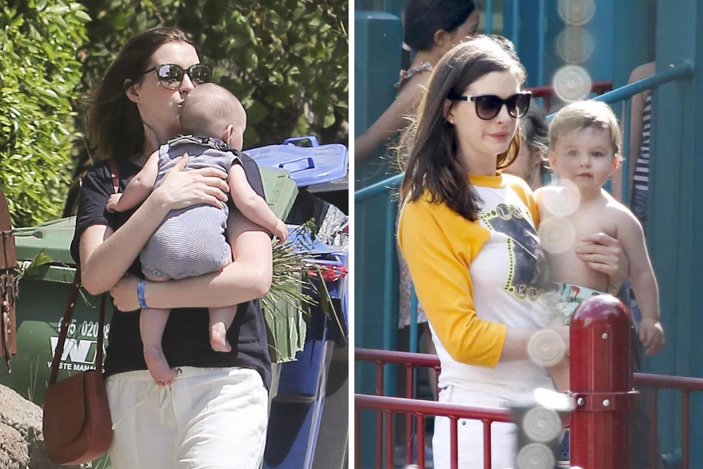 Anne Hathaway com seus filhos em momentos cotidianos mostrando rotina familiar discreta