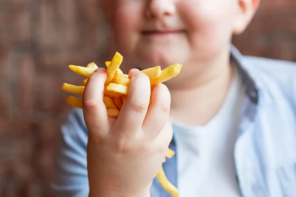 Um menino com excesso de peso, com uma camisa azul, segurando um monte de batatas fritas na mão. A imagem representa o tema de obesidade infantil.  