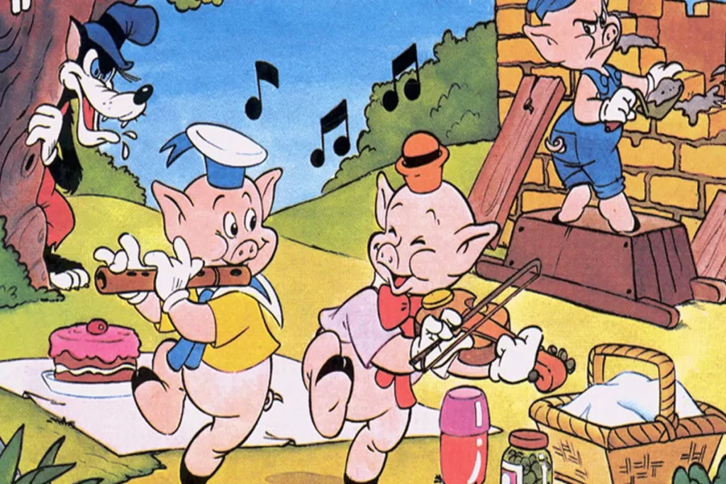 Ilustração dos Três Porquinhos: dois tocando instrumentos musicais e um construindo uma casa de tijolos, enquanto o Lobo Mau observa escondido atrás da árvore.