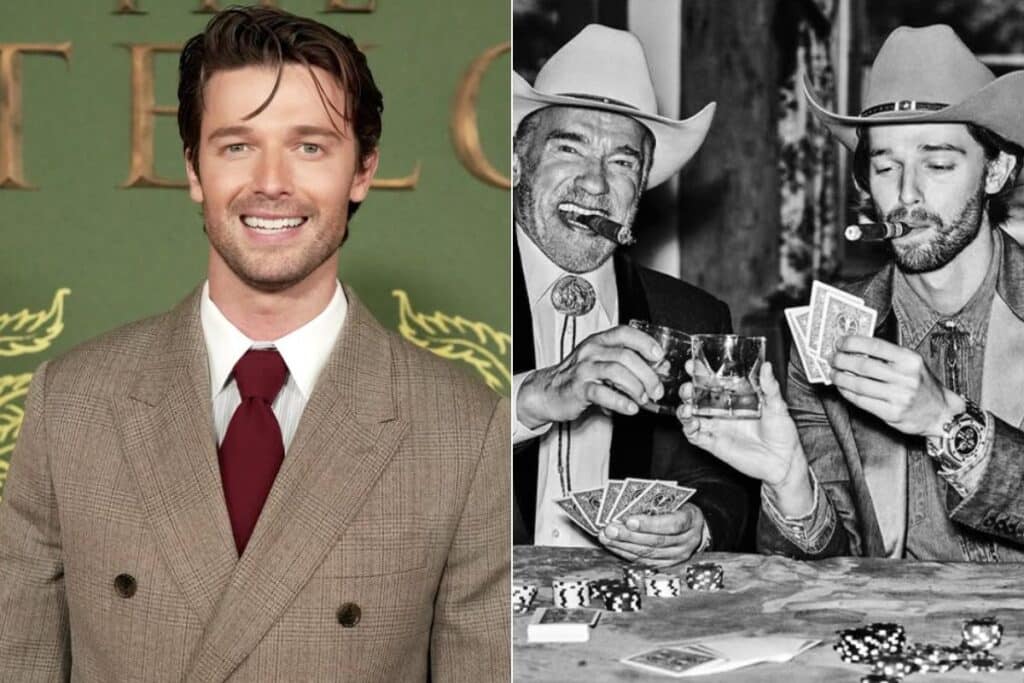 Homem sorrindo em evento formal e foto em preto e branco de dois homens com chapéu, charutos e cartas em uma mesa de pôquer.