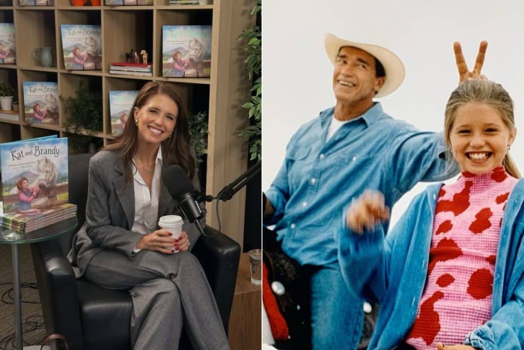 Mulher sorrindo em estúdio de gravação com livros infantis ao fundo e imagem nostálgica de homem e menina brincando ao ar livre.