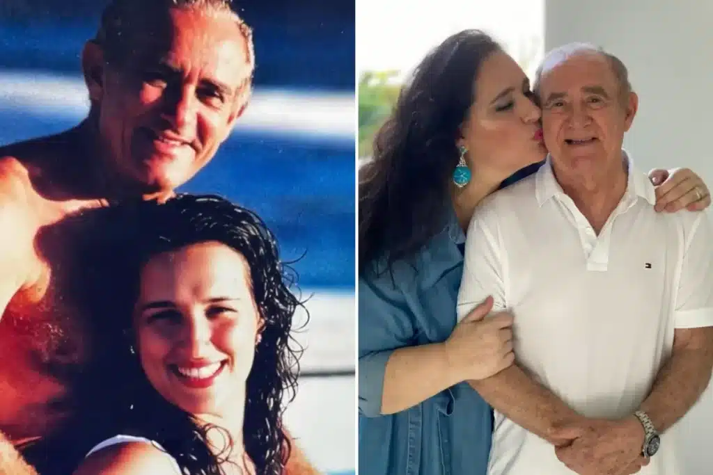 Montagem de Renato Aragão com a esposa em um dia ensolarado na praia e recebendo um beijo carinhoso de  sua esposa em ambiente interno