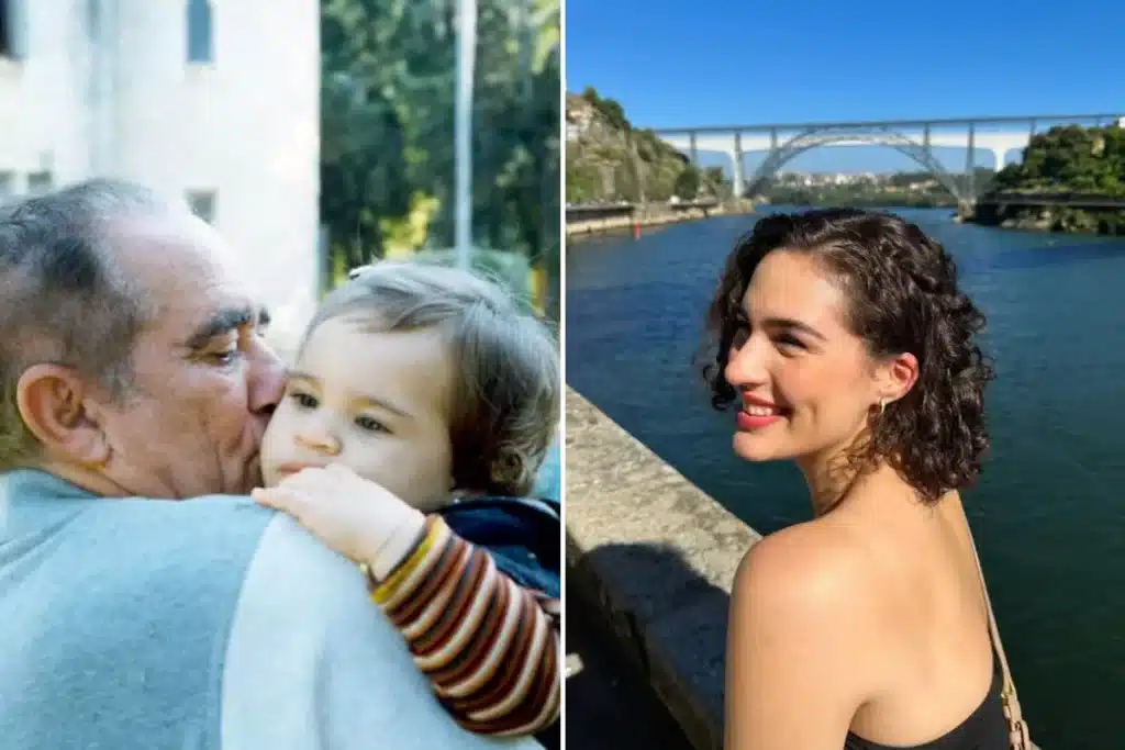 Montagem de fotos de Renato Aragão beijando sua filha bebê e a mesma jovem sorrindo em frente a um rio com ponte ao fundo.