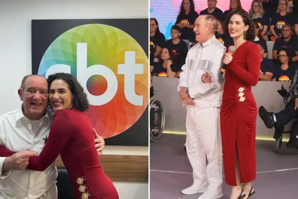 Renato Aragão e sua filha posando sorridentes em frente ao logotipo do SBT e juntos em um palco de programa de auditório