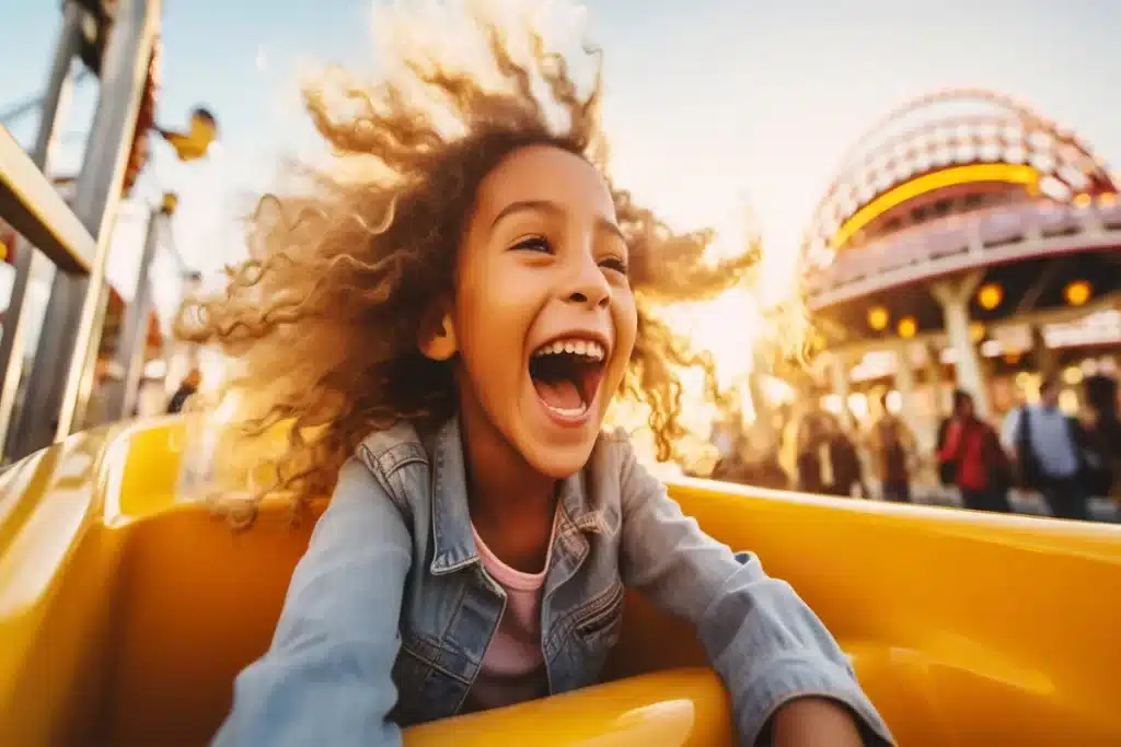 Close-up vibrante e de baixo ângulo de uma menina com cabelos cacheados e volumosos, vestindo uma jaqueta jeans, rindo com a boca aberta em um brinquedo de parque de diversões sob a luz intensa do sol, expressando pura felicidade e adrenalina.A imagem é um close-up dinâmico e energético que captura a alegria e a emoção de uma criança em seu auge em um parque de diversões.  Pessoa e Emoção: O foco principal é uma menina (cerca de 5 a 8 anos), com cabelos cacheados e loiros/castanhos volumosos que parecem esvoaçar com a velocidade do brinquedo. Ela está com a boca escancarada em uma gargalhada, os olhos arregalados de felicidade e a testa franzida de euforia. A expressão é de alegria e adrenalina genuínas.  Cenário e Perspectiva: A foto é tirada de um ângulo baixo dentro do próprio brinquedo (que é amarelo brilhante), dando ao espectador a sensação de estar lá. O fundo está desfocado, mas é possível identificar a estrutura de um parque de diversões e a silhueta de pessoas.  Iluminação e Atmosfera: A luz é de um pôr do sol dourado intenso (flare de sol), que adiciona calor e uma qualidade quase mágica à cena, realçando os cachos da menina e a cor amarela do brinquedo.  Simbolismo: A foto é a representação perfeita da diversão, liberdade e excitação associadas aos parques de diversões, sendo ideal para ilustrar conteúdos sobre férias em família, lazer e experiências emocionantes para crianças.  A imagem é cheia de energia positiva e felicidade.
