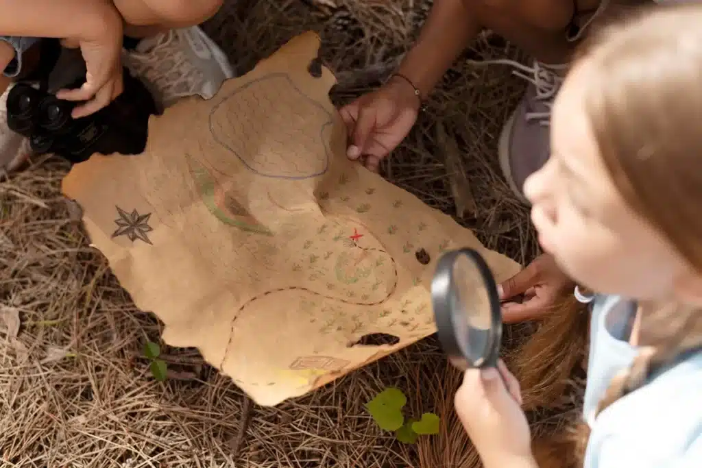 Crianças segurando um mapa antigo do tesouro enquanto exploram ao ar livre, usando uma lupa para examinar os detalhes.