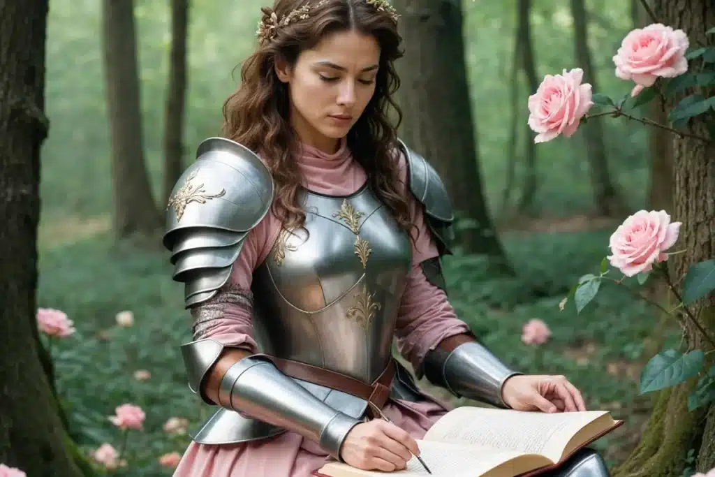Mulher com armadura prateada e vestido rosa escreve em livro aberto em floresta com rosas, unindo elementos de fantasia, força e delicadeza.