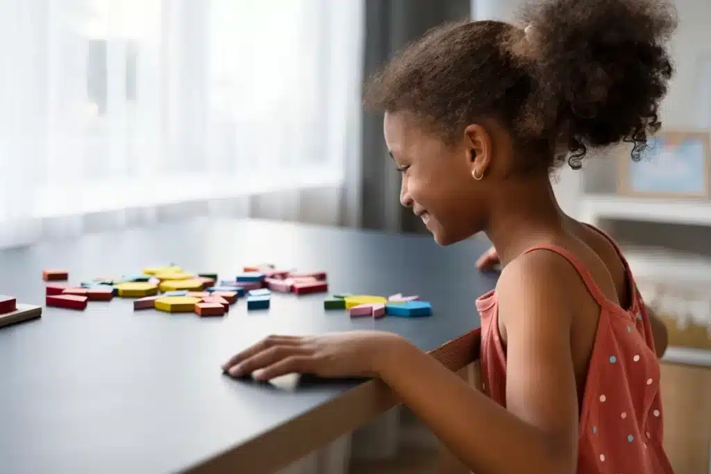 Criança sorridente brincando com peças geométricas coloridas sobre a mesa, desenvolvendo habilidades cognitivas e motoras.
