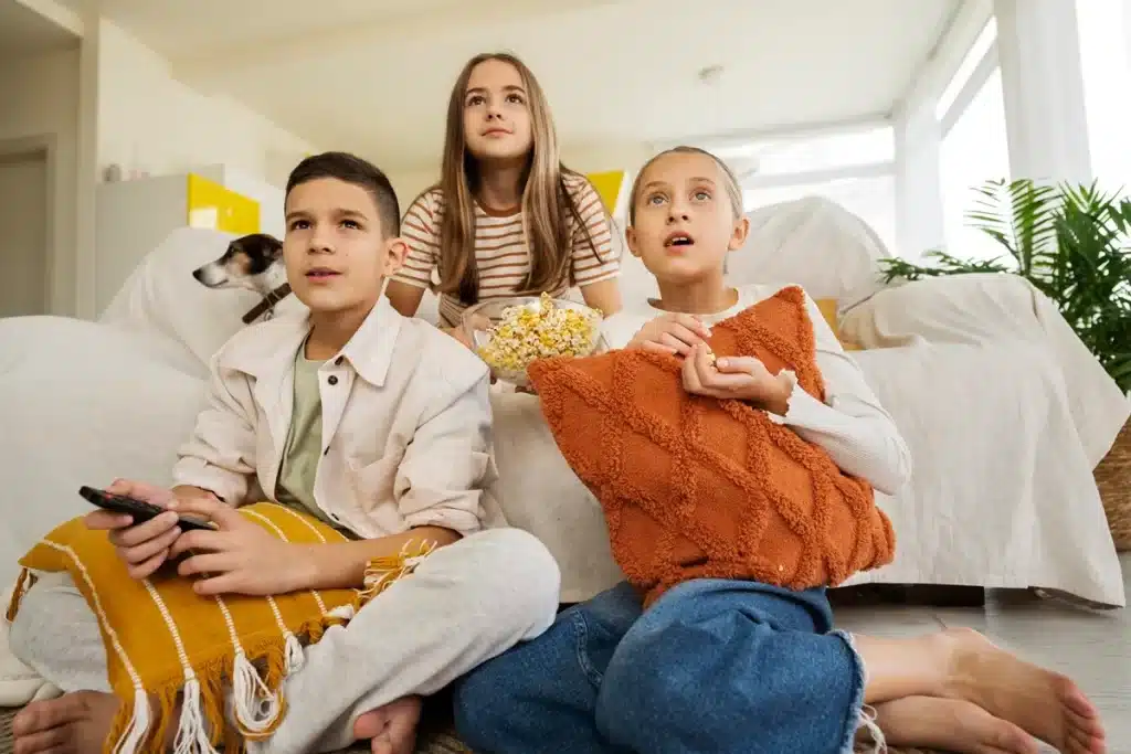 Imagem de crianças assistindo a um filme em casa, sentadas no sofá com pipoca e um cachorro ao fundo, criando uma atmosfera de diversão e amizade.