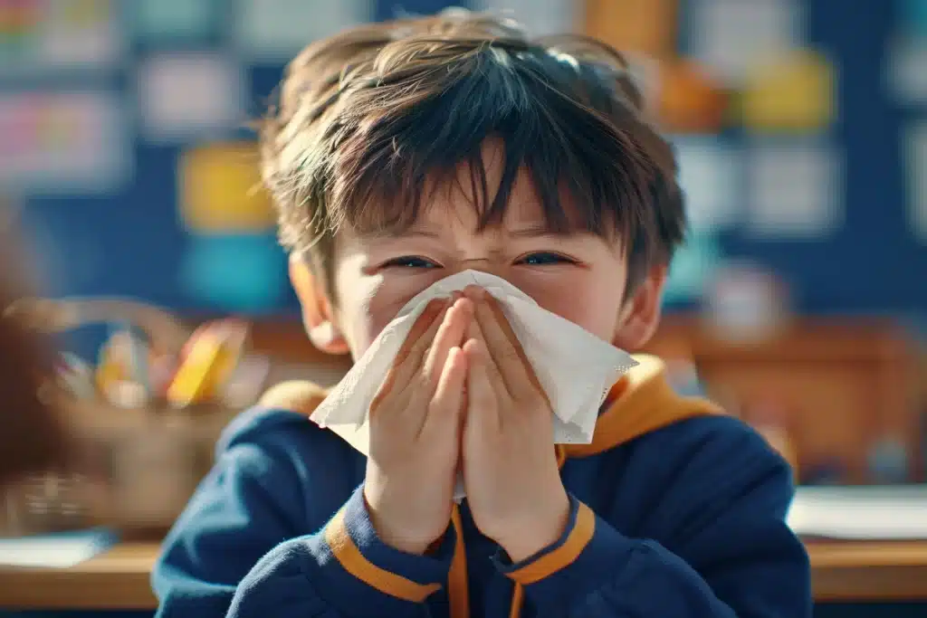 Criança com rinite alérgica em sala de aula, assoando o nariz com lenço de papel — sintomas de alergia respiratória infantil no ambiente escolar.