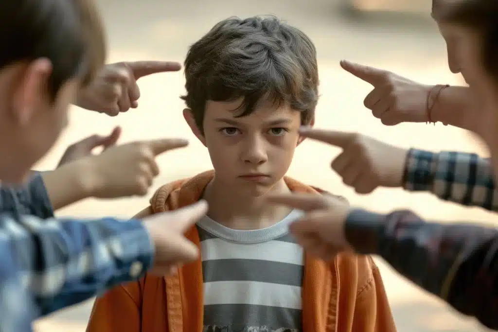 Menino com expressão séria cercado por várias mãos apontando o dedo para ele, simbolizando situação de bullying escolar. A criança está no centro da imagem, usando uma blusa listrada e casaco laranja, transmitindo sentimentos de julgamento, isolamento e sofrimento emocional.