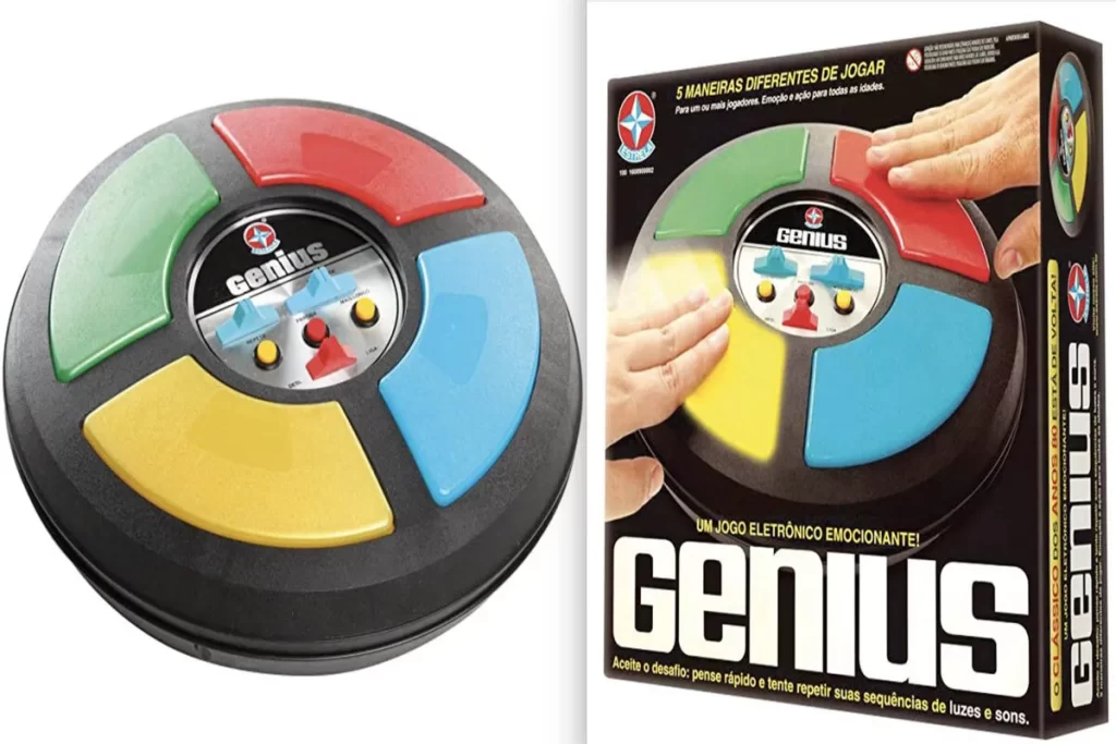 Jogo eletrônico Genius com luzes e sons, ideal como brinquedo educativo e divertido para uma criança de 10 anos.