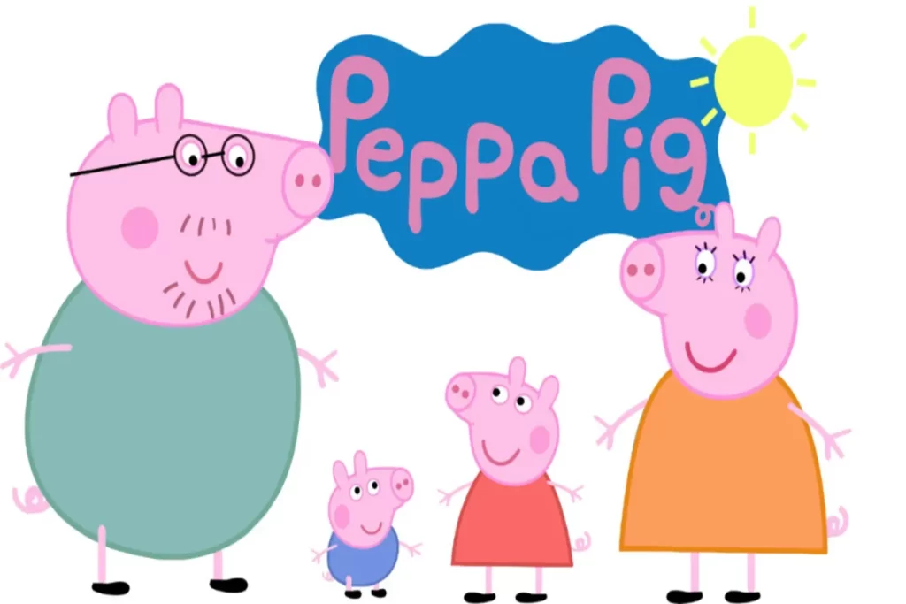Ilustração da família Peppa Pig (Papai Pig, Peppa, George e Mamãe Pig) com o logo do desenho, representando desenhos infantis populares.