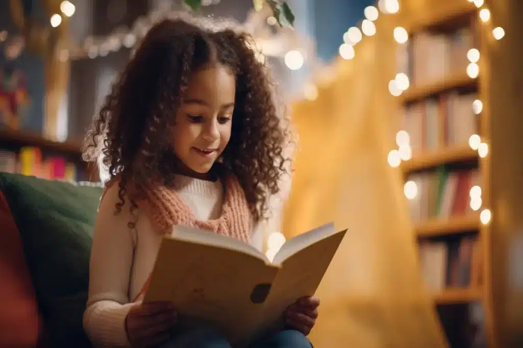 Uma menina de cabelos cacheados escuros está sorrindo e lendo um livro de capa amarela em um ambiente aconchegante, com estantes de livros ao fundo e luzes decorativas (pisca-pisca), criando uma atmosfera mágica de incentivo à leitura.