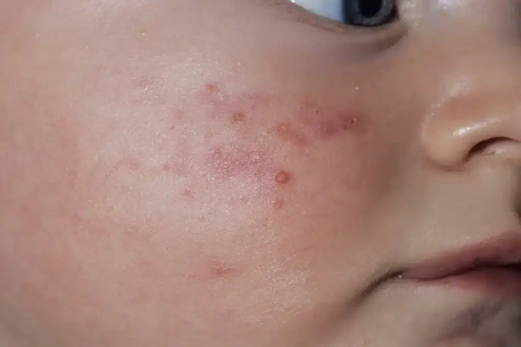 Bochecha de criança com pequenas bolhas avermelhadas e crostas, indicando impetigo.