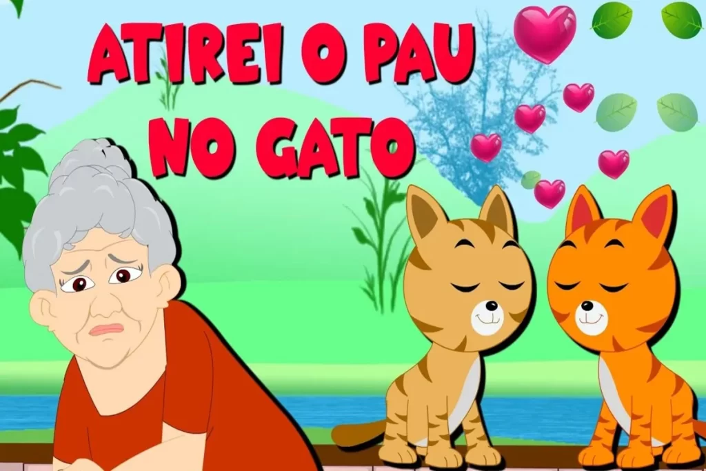 Ilustração de gatinhos e uma senhora triste com o título "Atirei o Pau no Gato", representando músicas infantis tradicionais no contexto educativo brasileiro.
