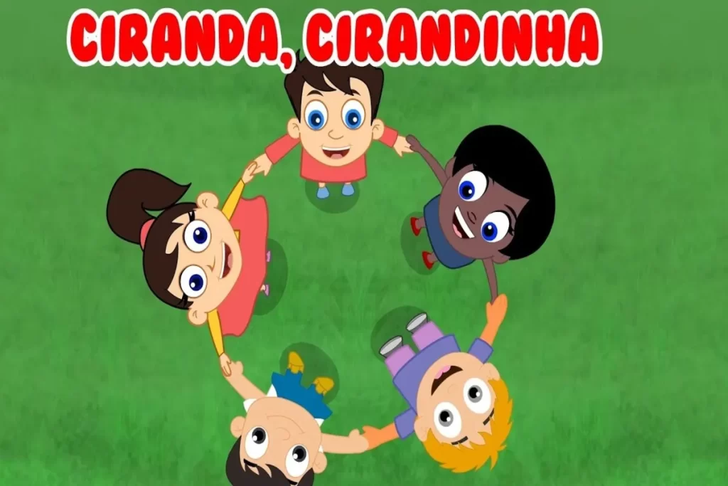 Ilustração colorida de cinco crianças de mãos dadas em círculo, com o título "Ciranda, Cirandinha", representando músicas infantis educativas e folclóricas.