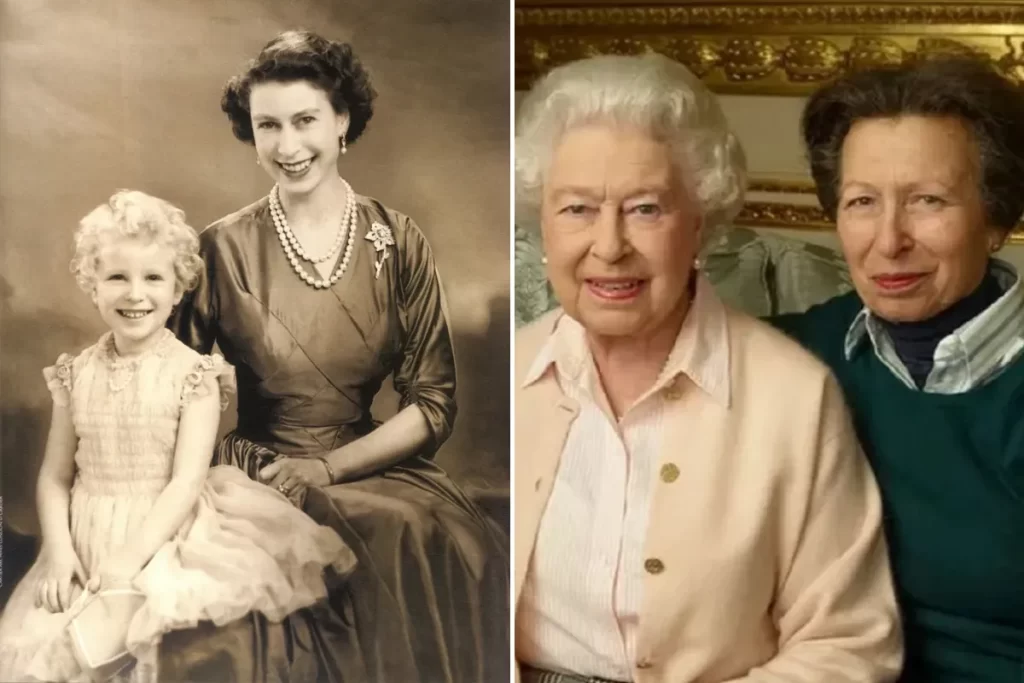 Duas imagens lado a lado mostrando momentos de mãe e filha na família real britânica: à esquerda, fotografia antiga em preto e branco de uma mulher elegante com uma menina sorridente; à direita, foto colorida atual de duas senhoras sentadas lado a lado, sorrindo para a câmera.
