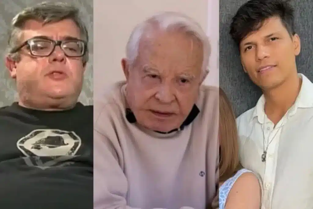 Cid Moreira e seus dois filhos, Roger Moreira e Rodrigo Moreira, mostrando as diferentes fases da vida do jornalista.