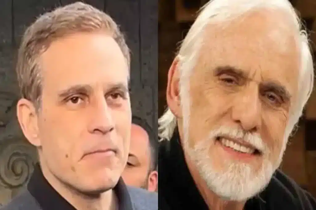 Comparativo entre Francisco Cuoco e seu filho, mostrando a semelhança entre ambos, principalmente no formato do rosto e nos olhos.