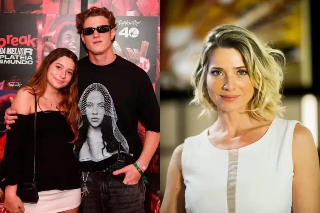 Leticia Spiller e seus filhos, Pedro Novaes e Stella, em uma imagem dividida.