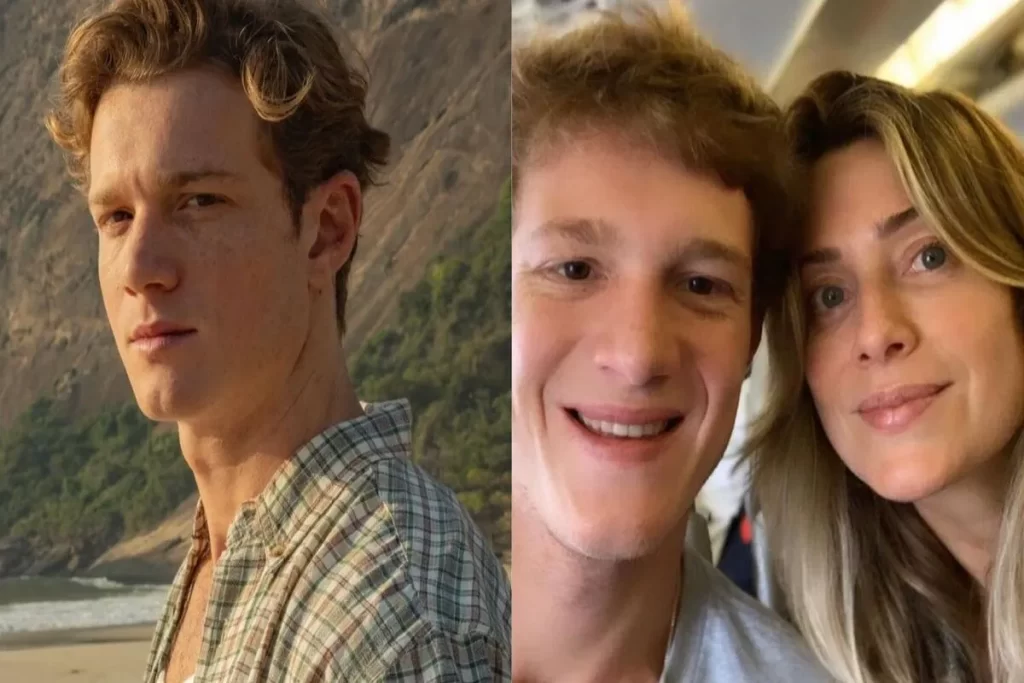 Pedro Novaes, um dos filhos de Leticia Spiller, em uma imagem dividida com sua mãe.