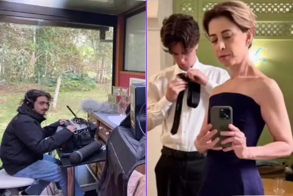 Fernanda Torres com seus filhos, João e Antônio, em momentos diferentes. O filho mais velho, João, é visto trabalhando com equipamentos de áudio, e o mais novo, Antônio, ajusta a gravata ao lado da mãe. A palavra-chave "Filhos de Fernanda Torres" é utilizada no contexto para otimizar o ranqueamento.