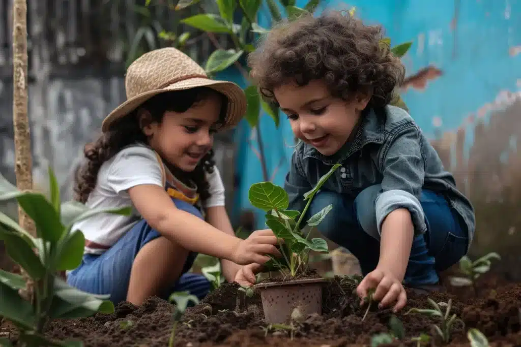 Duas crianças pequenas, uma menina e um menino, agachadas no solo em um jardim, plantando uma muda de planta, ilustrando o perigo de contato com 'plantas tóxicas' para crianças.