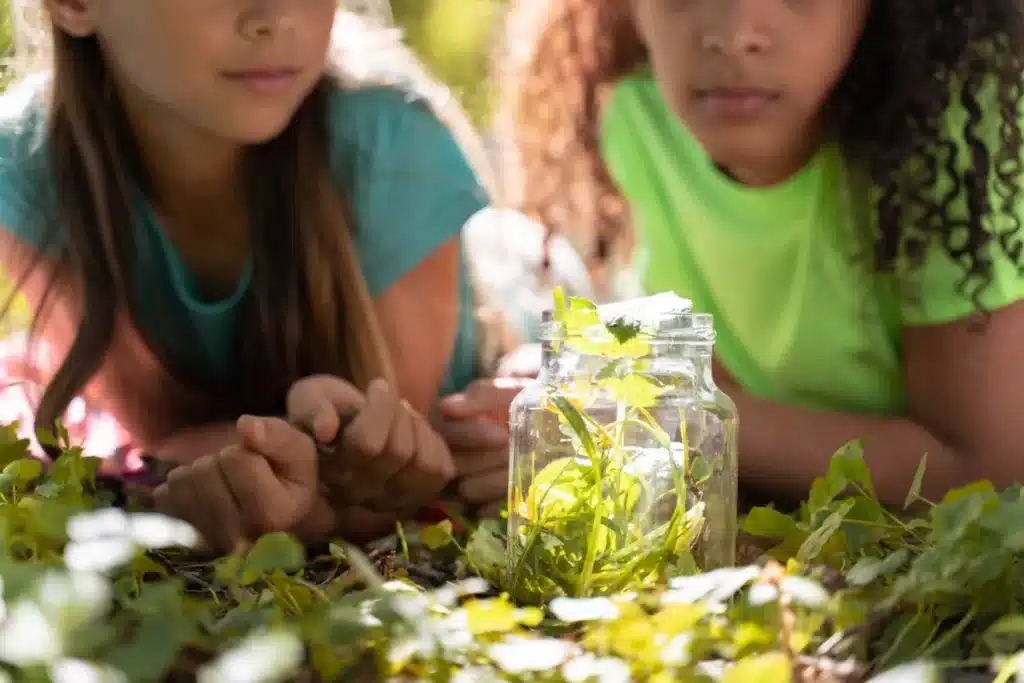 Duas crianças deitadas em um jardim, observando uma pequena planta dentro de um pote de vidro, ilustrando o cuidado com 'plantas tóxicas' e a segurança infantil.