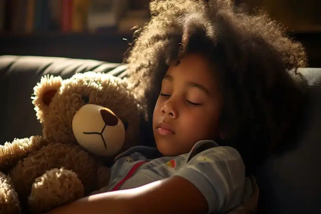 Criança de cabelos cacheados, deitada no sofá, tirando uma soneca abraçada a um grande urso de pelúcia. A cena é iluminada por uma luz natural e quente, transmitindo paz e conforto. A imagem perfeita para representar a palavra-chave "soneca".