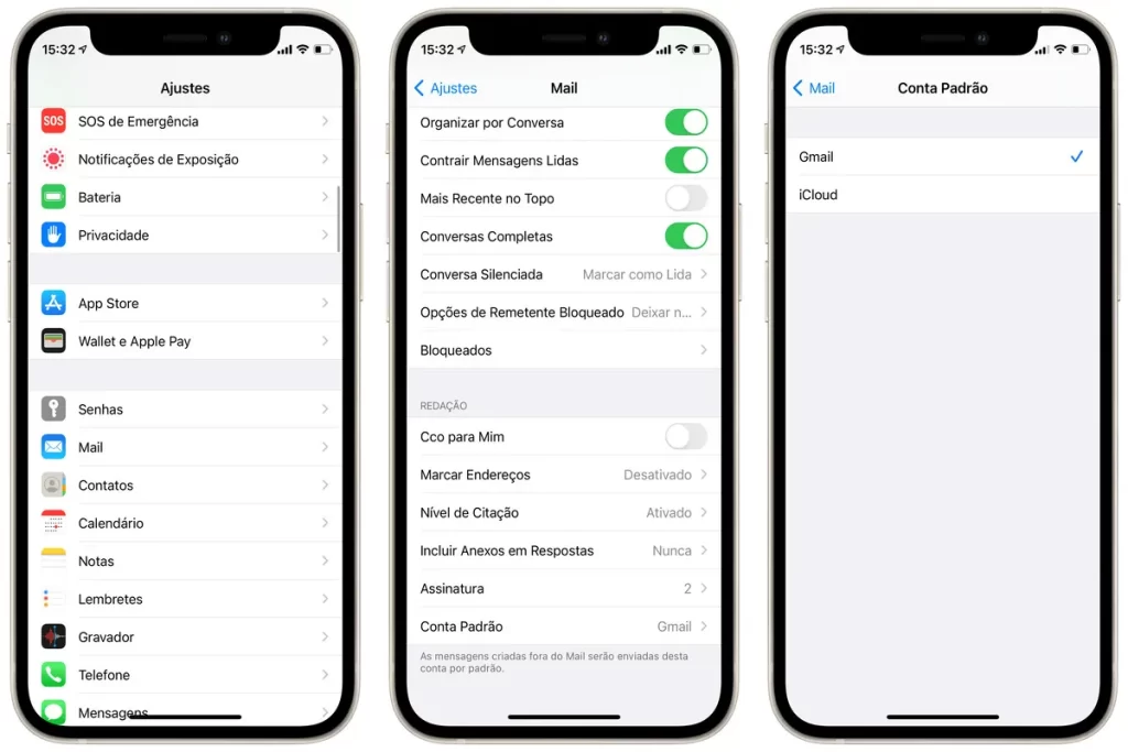Três iPhones exibindo a tela de ajustes do iOS com configurações do app Mail, incluindo opções de organização, conta padrão e preferências de mensagens.