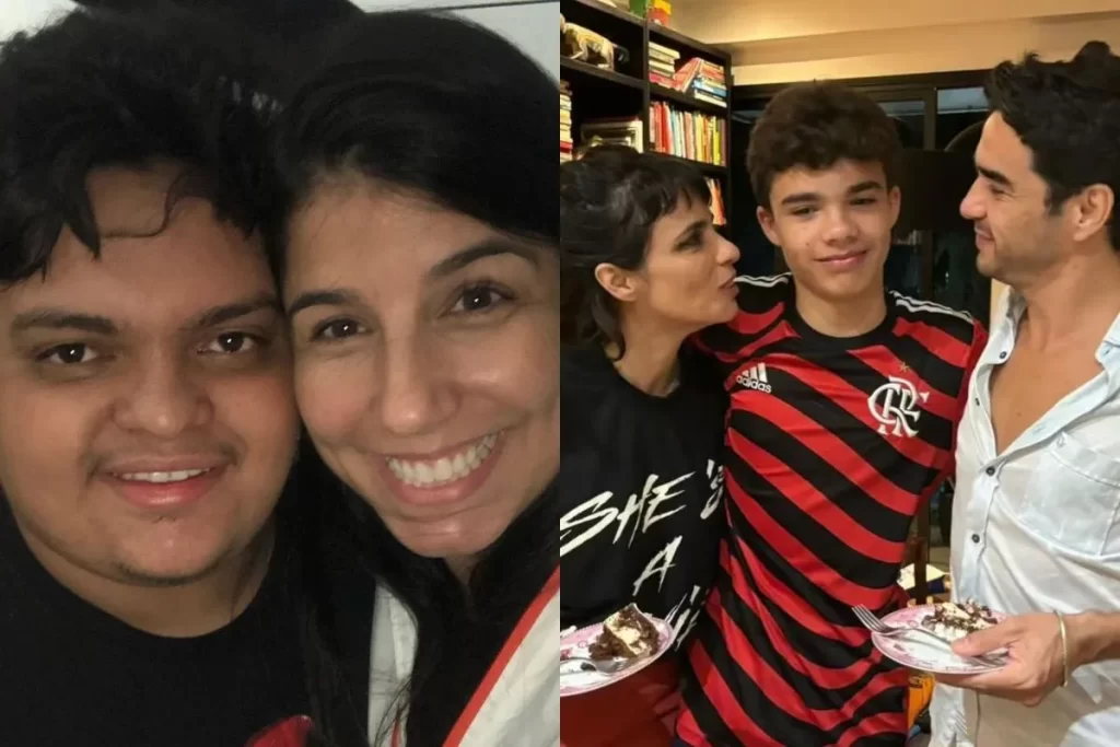 Caio Blat e sua ex-mulher Ana Ariel com o filho mais velho Antonio em uma montagem de duas fotos.