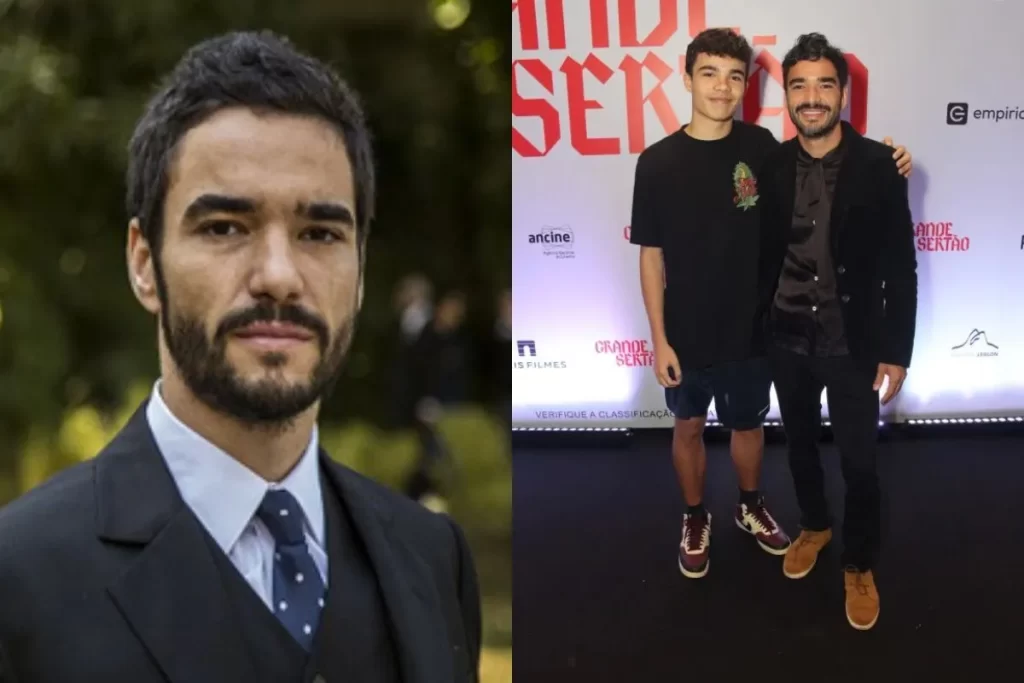 Caio Blat posa para a câmera e, em uma foto separada, está ao lado de seu filho mais novo, Bento.
