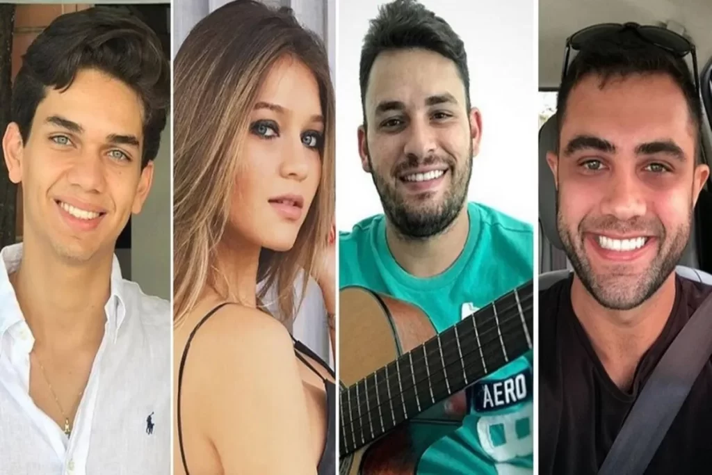 Quatro jovens sorrindo em retratos lado a lado, transmitindo alegria e descontração.