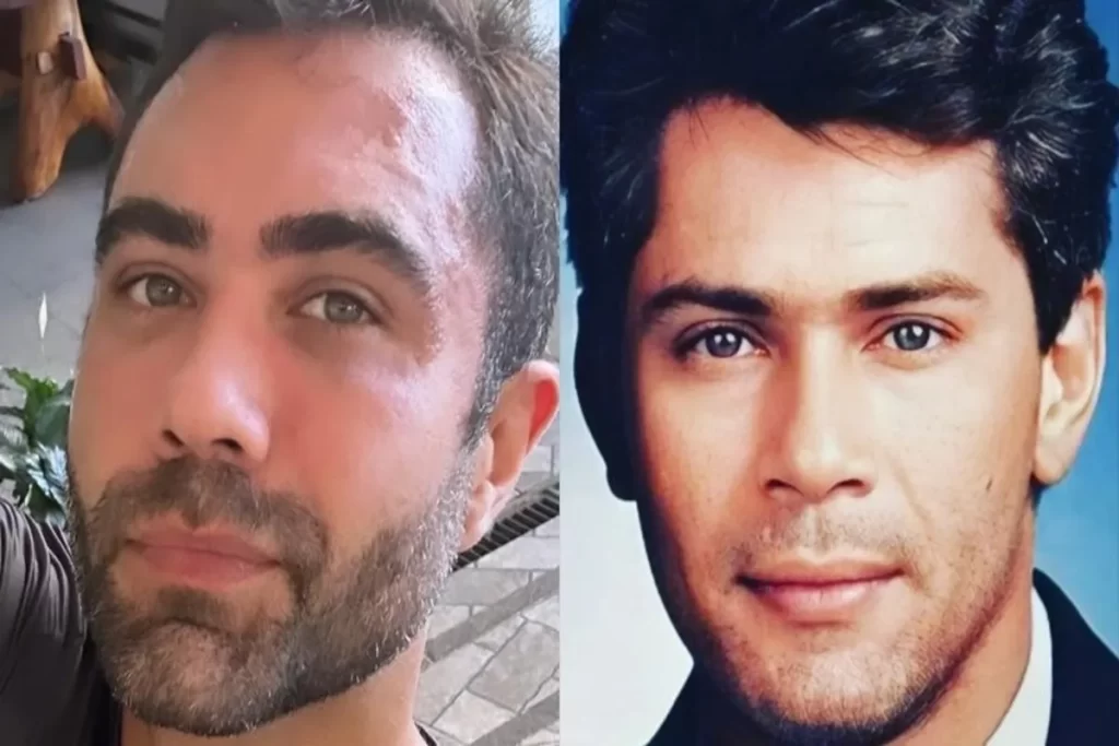 Montagem comparando o rosto de um homem jovem com a foto de outro homem mais velho, mostrando semelhanças físicas entre eles.