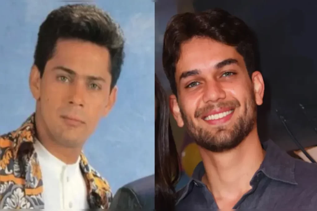 Montagem comparando o retrato de um homem mais velho com a foto de um jovem sorridente, destacando semelhanças físicas entre eles.