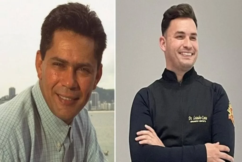 Montagem mostrando lado a lado a foto de um homem sorridente e a imagem de um jovem também sorridente, ressaltando semelhanças familiares entre eles.