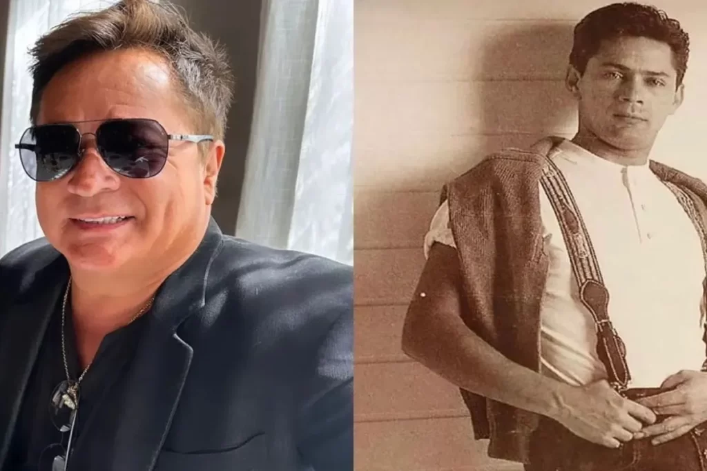 Montagem com duas fotos lado a lado mostrando dois homens em épocas diferentes, destacando semelhanças físicas e conexão familiar