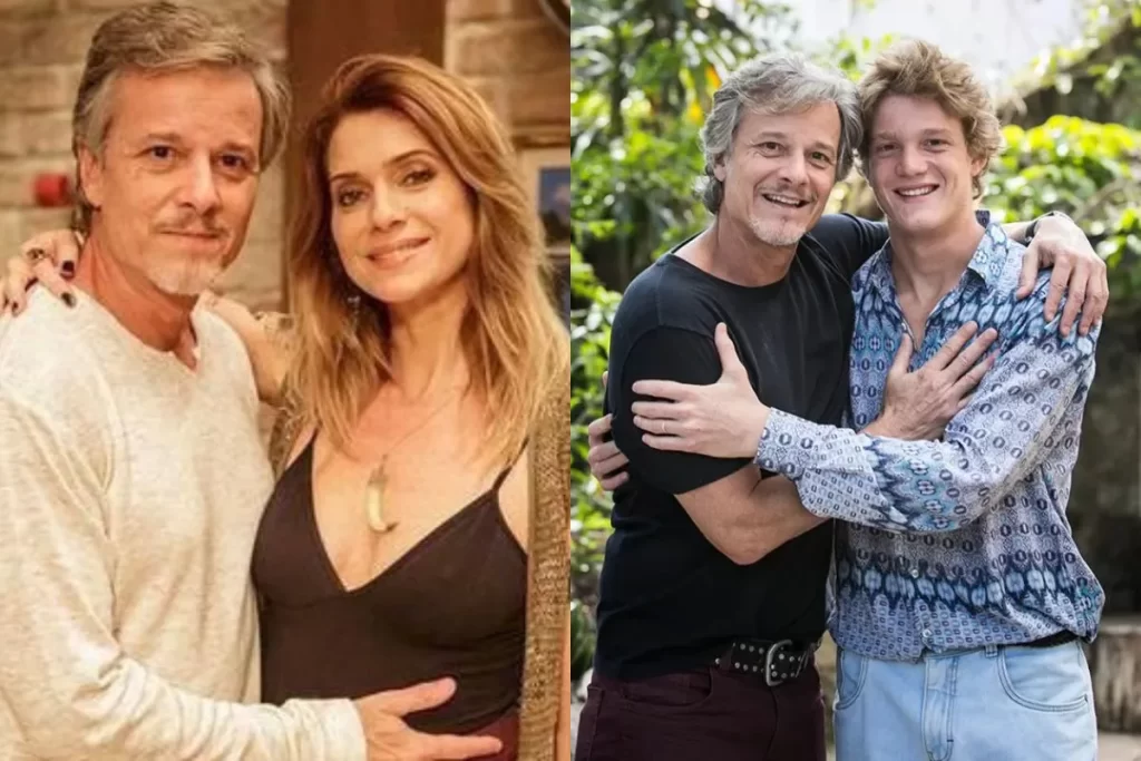Montagem de duas fotos do ator Marcello Novaes. A foto à esquerda mostra Marcello Novaes com a ex-esposa Letícia Spiller. A foto à direita mostra Marcello abraçando seu filho Pedro Novaes.