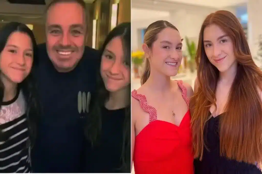 Filhas gêmeas de Gugu Liberato, Sofia e Marina, em foto de infância ao lado do pai e em registro atual.