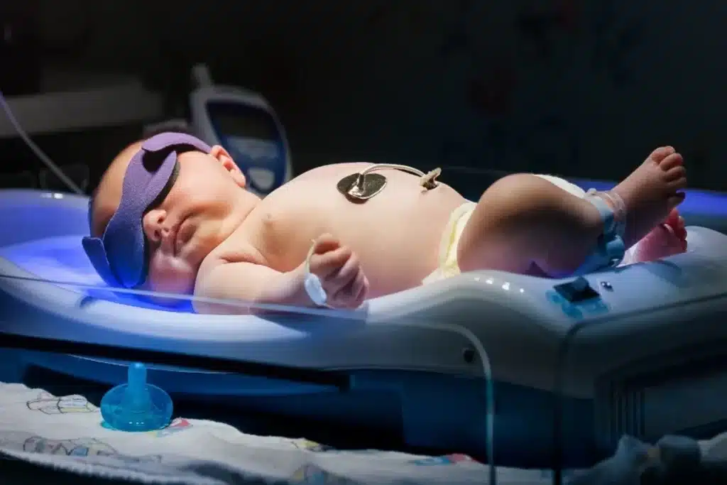 Recém-nascido em fototerapia para tratamento de icterícia neonatal.