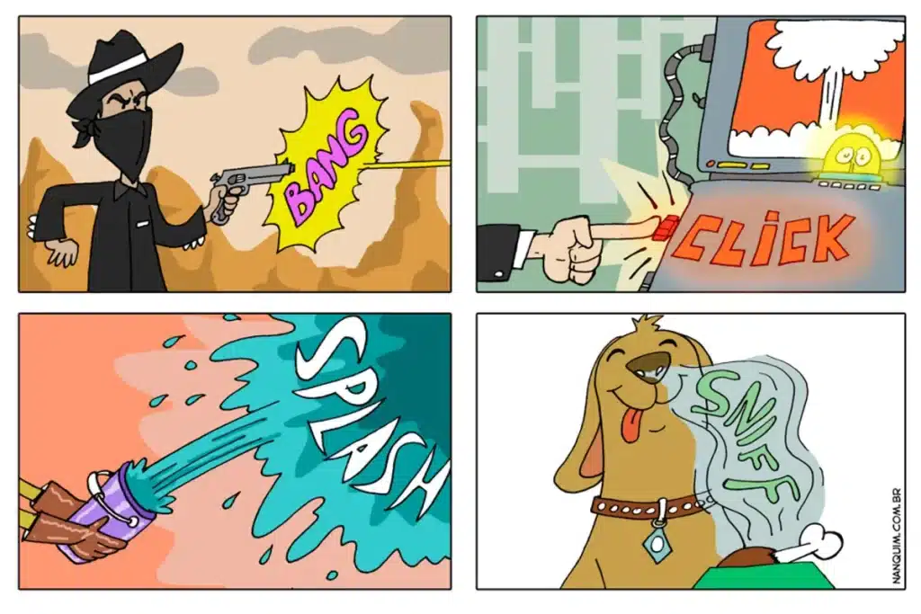 Quadrinhos coloridos com onomatopeias: bang de tiro, click de botão, splash de água e sniff de cachorro cheirando comida.