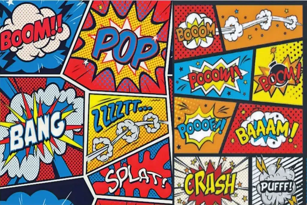 Imagem em estilo de histórias em quadrinhos com várias onomatopeias coloridas como boom, bang, pop, crash e splat.
