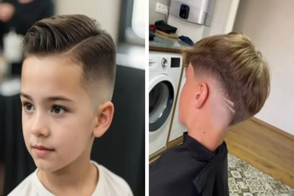 Colagem com dois penteados de cabelo para meninos, um com parte lateral e outro com desenho na nuca.