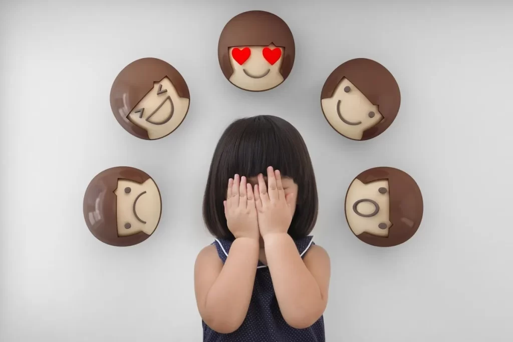 Criança cobrindo o rosto com as mãos, cercada por emojis de emoções como alegria, tristeza e amor, representando a educação socioemocional.