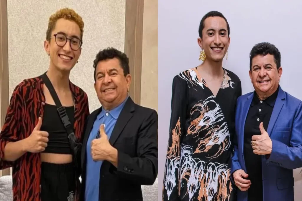 Os cantores Gabeu e Solimões juntos, com os polegares para cima.