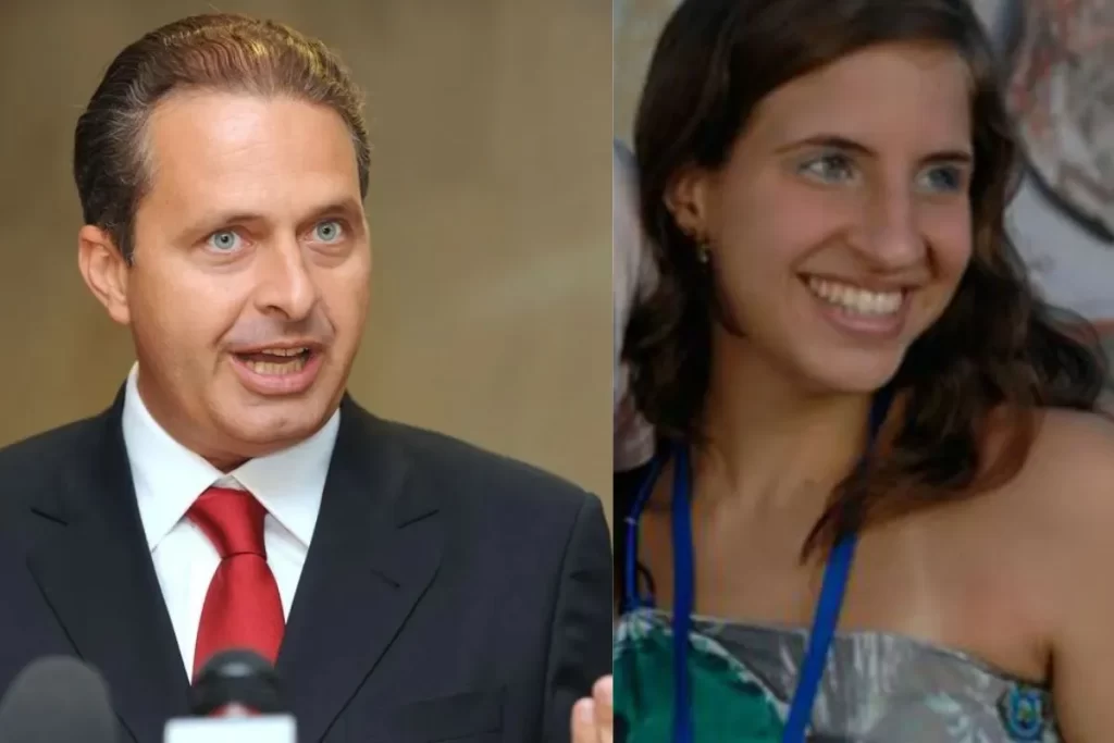 Imagem em collage vertical mostrando o político brasileiro Eduardo Campos (à esquerda, com terno escuro e gravata vermelha, falando em um discurso, com olhos azuis marcantes) ao lado de sua filha, Maria Eduarda Campos (à direita, com olhos azuis e sorriso aberto, vestindo um top estampado e cordão de evento). A justaposição de fotos destaca a semelhança familiar, especialmente a cor dos olhos, do ex-governador de Pernambuco e a jovem.