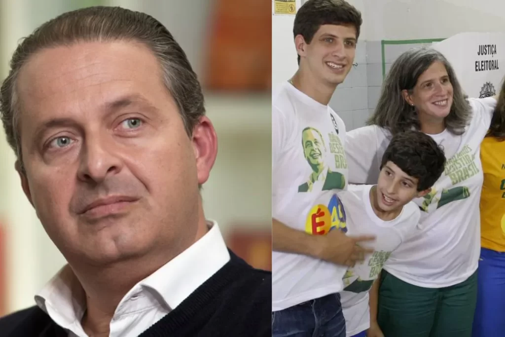 Imagem em collage vertical. À esquerda, um close-up do político Eduardo Campos (vestindo camisa branca e suéter azul-escuro, com semblante sério e olhos azuis claros). À direita, um retrato de grupo de seus filhos (incluindo o mais velho, João Campos, com camiseta branca e o rosto de Eduardo estampado) e a viúva Renata Campos (com cabelo grisalho, óculos e camiseta branca), em um evento de campanha ou votação.