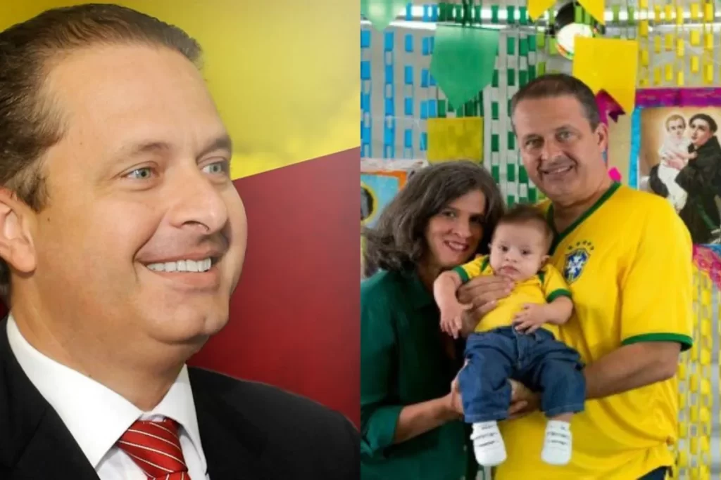 Imagem em collage lado a lado. À esquerda, um close-up do político Eduardo Campos (sorrindo, com terno e gravata vermelha sobre fundo vermelho e amarelo/dourado). À direita, um retrato de família com Eduardo Campos (de camisa amarela do Brasil) e sua esposa Renata Campos (de camisa verde) segurando o filho caçula, Miguel Campos (bebê/criança pequena), que veste uma roupinha com as cores da Seleção Brasileira.
