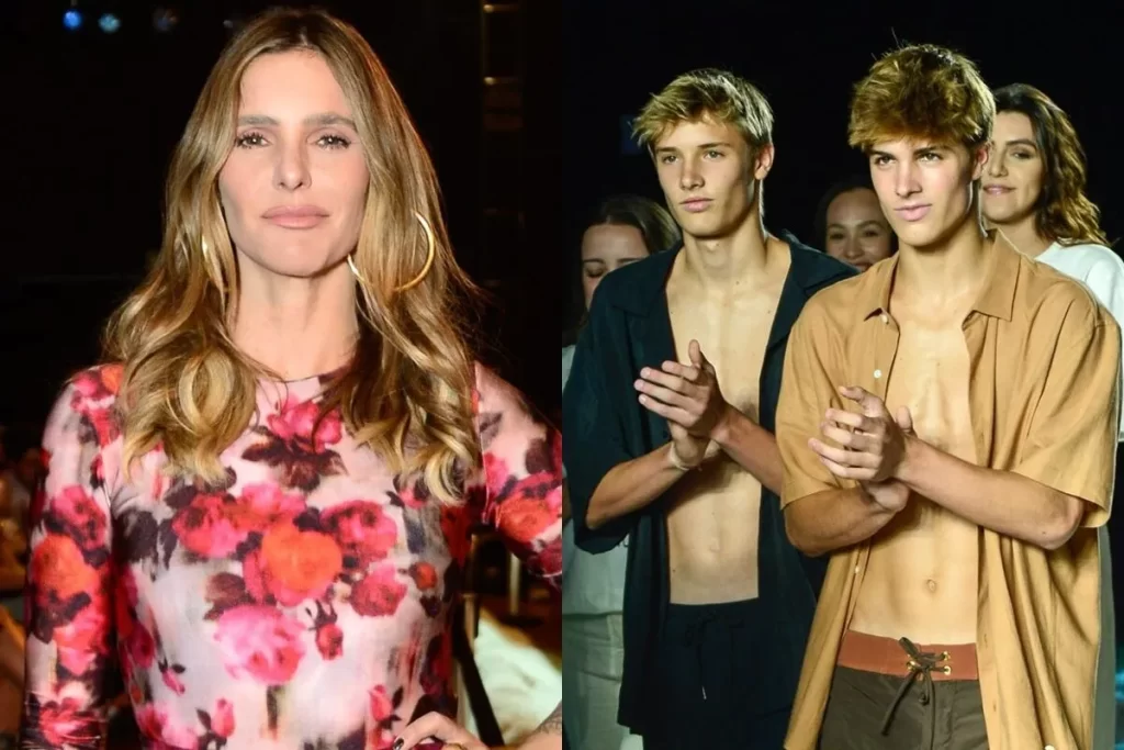 Composiçao digital lado a lado de Fernanda Lima em um vestido floral e seus filhos gêmeos adolescentes, um em camisa preta e outro em camisa aberta caramelo, em um evento de moda ou passarela.